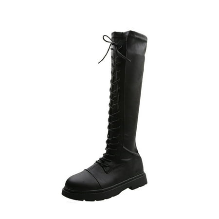 

KIJBLAE Women s Knee High Boots Lace Up Combat Boots Platform Chunky Heel Ankle Boots Faux Leather Winter Boots Black 40