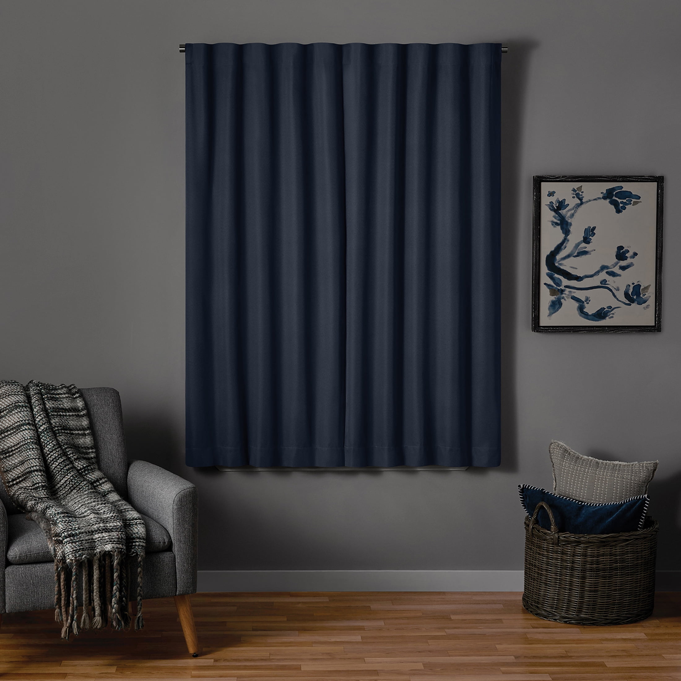 Mainstays Dark Navy Solid Blackout Rod Pocket with Back Tabs Curtain Panel Pair, Set of 2, 30" W x 63" L
