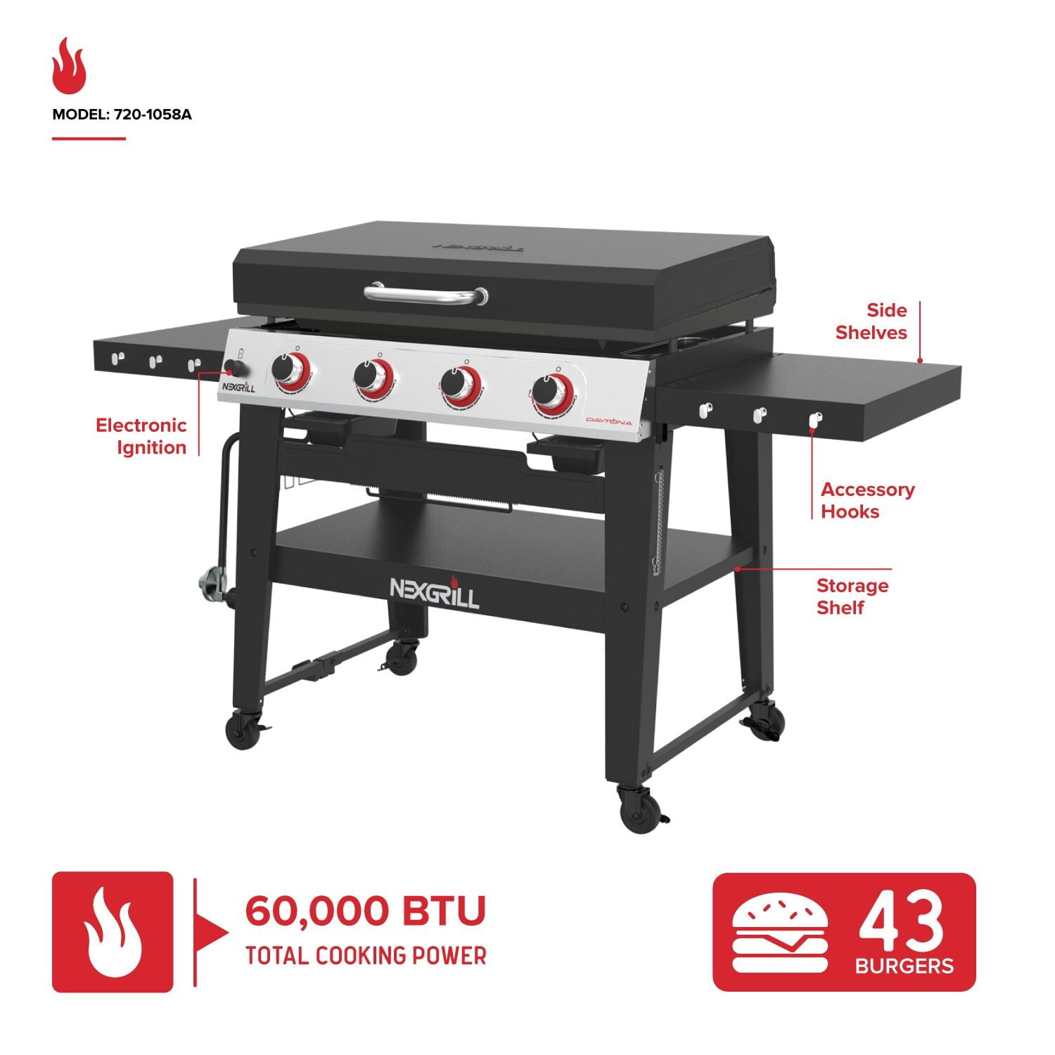 Nexgrill Daytona 4-Burner Propane Gas Griddle with Side Tables, 60000 BTU Flat Top Grill, 756 SQ In. Hot-Rolled Steel Cooking Space, Outdoor Cooking Barbeque, Black - 720-1058A