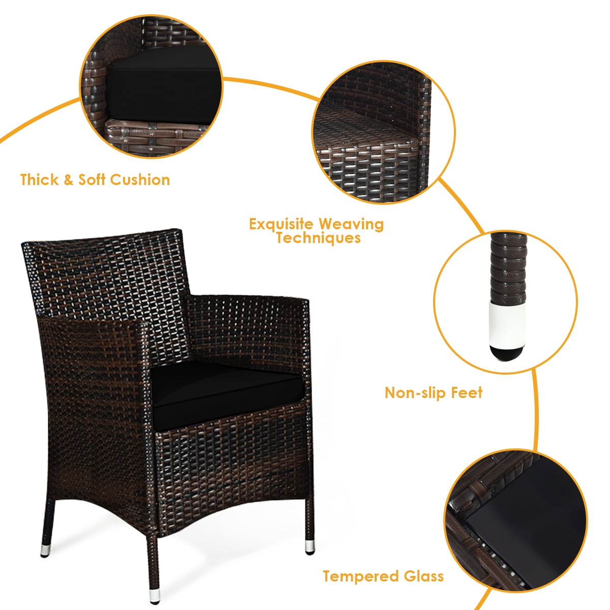 Patiojoy 4PCS Patio Rattan Wicker Furniture Set Sofa Chair Table Set W/ Black Cushions