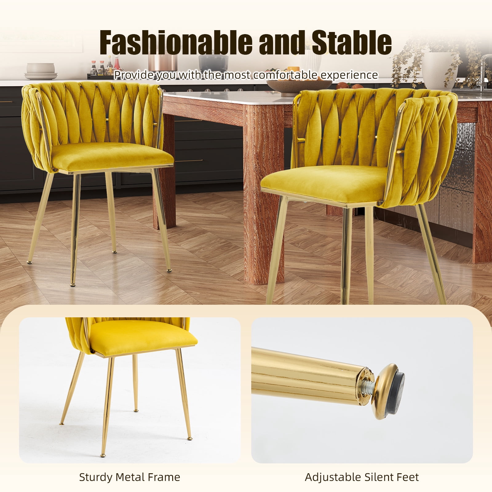 MOONMISS Velvet Upholstered Tufted Wood Frame Side Dining Chair with Golden Legs（set of 2）-Yellow