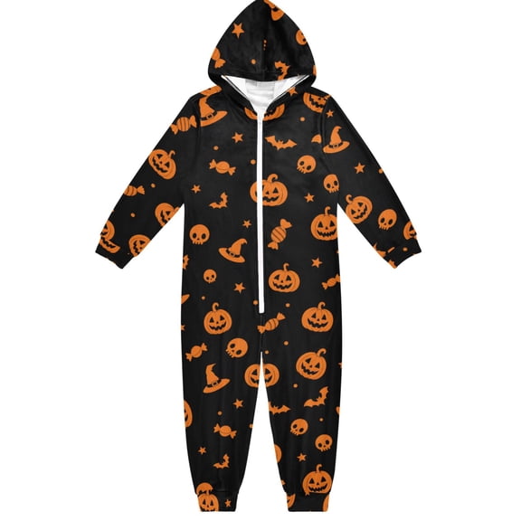 Halloween Pumpkins Bats Boys & Girls Hooded One-Piece Pajamas Warm Crystal velvet Hooded Long Sleeve Loungewear Jumpsuit Unisex