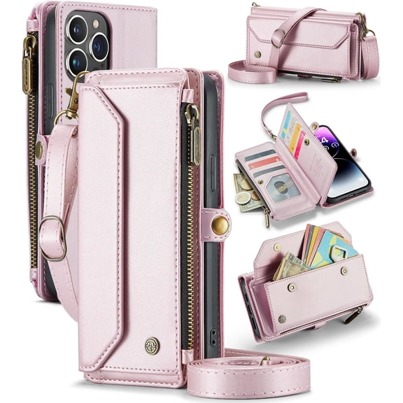 Leaher Case for iPhone 14 Pro Max Case, Crossbody Wallet Phone Case with RFID Blocking Kickstand, Anti-Drop Wireless Charging Card Slots, PU Leather Shoulder Bag Clutch Adjustable Strap