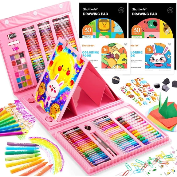 Shuttle Art 335 Piece Art Set, Multi-Media Art Supplies, Gift Art Kit with Trifold Easel, 2 Drawing Pads, 2 Coloring Books, Oil Pastels, Crayons, Watercolors, Markers, Colored Pencils (Pink)