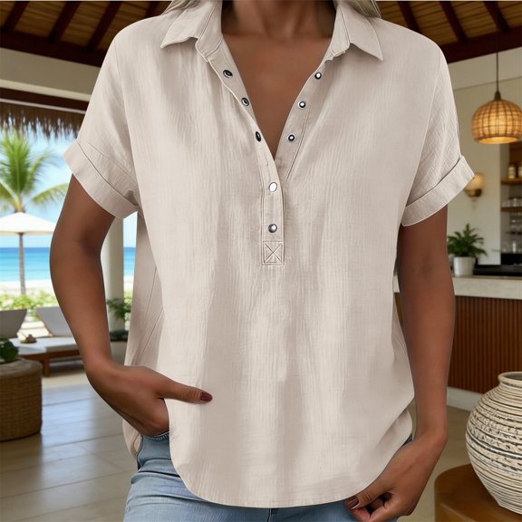 Women's Button down Short Sleeve V-Neck Linen Cotton Shirt by Awwp , Beige L