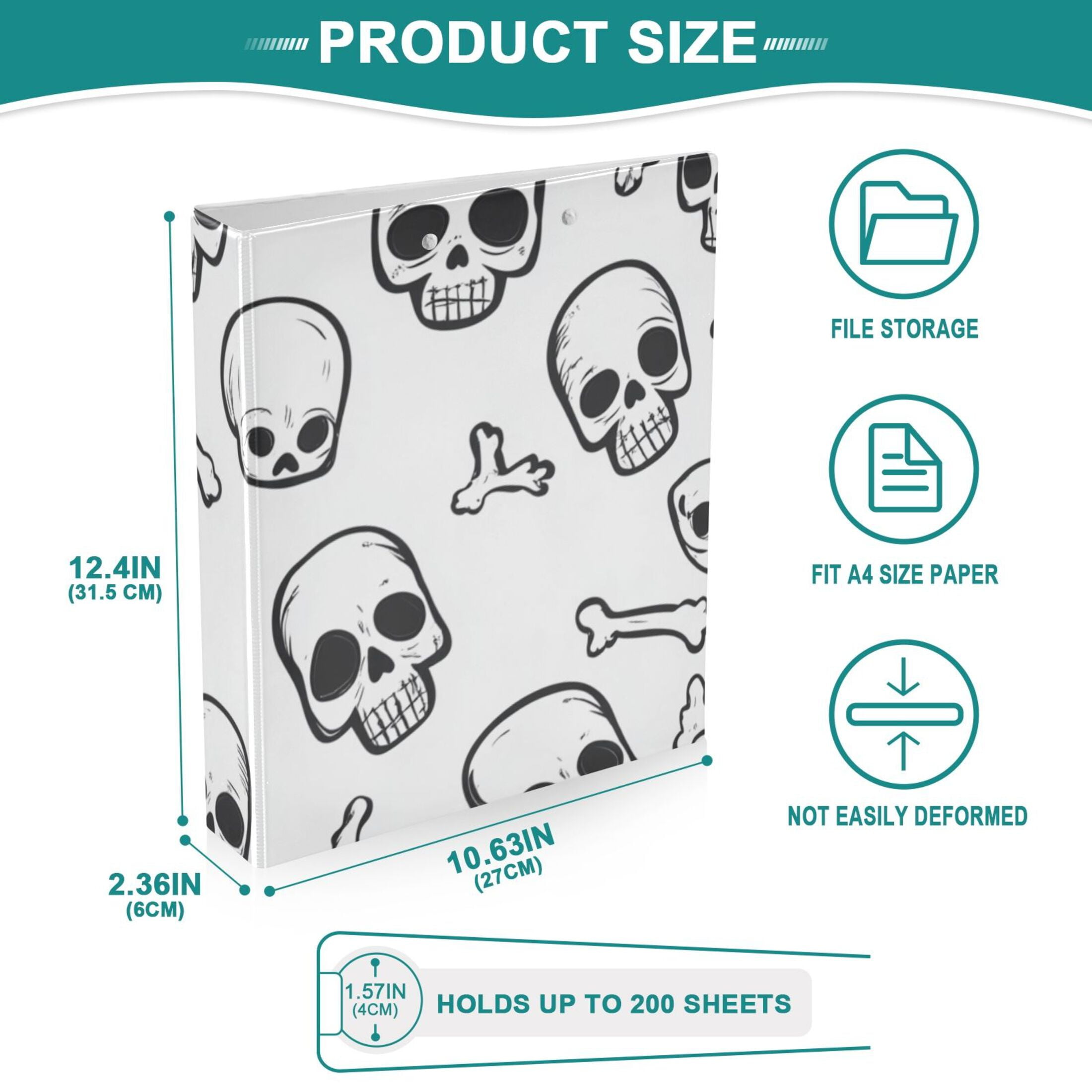 Skulls and Bones 3 Ring Binders 1.5 inch Hardcover File Folders with Interior Pockets A4 Size Organizer for School Office Hospital