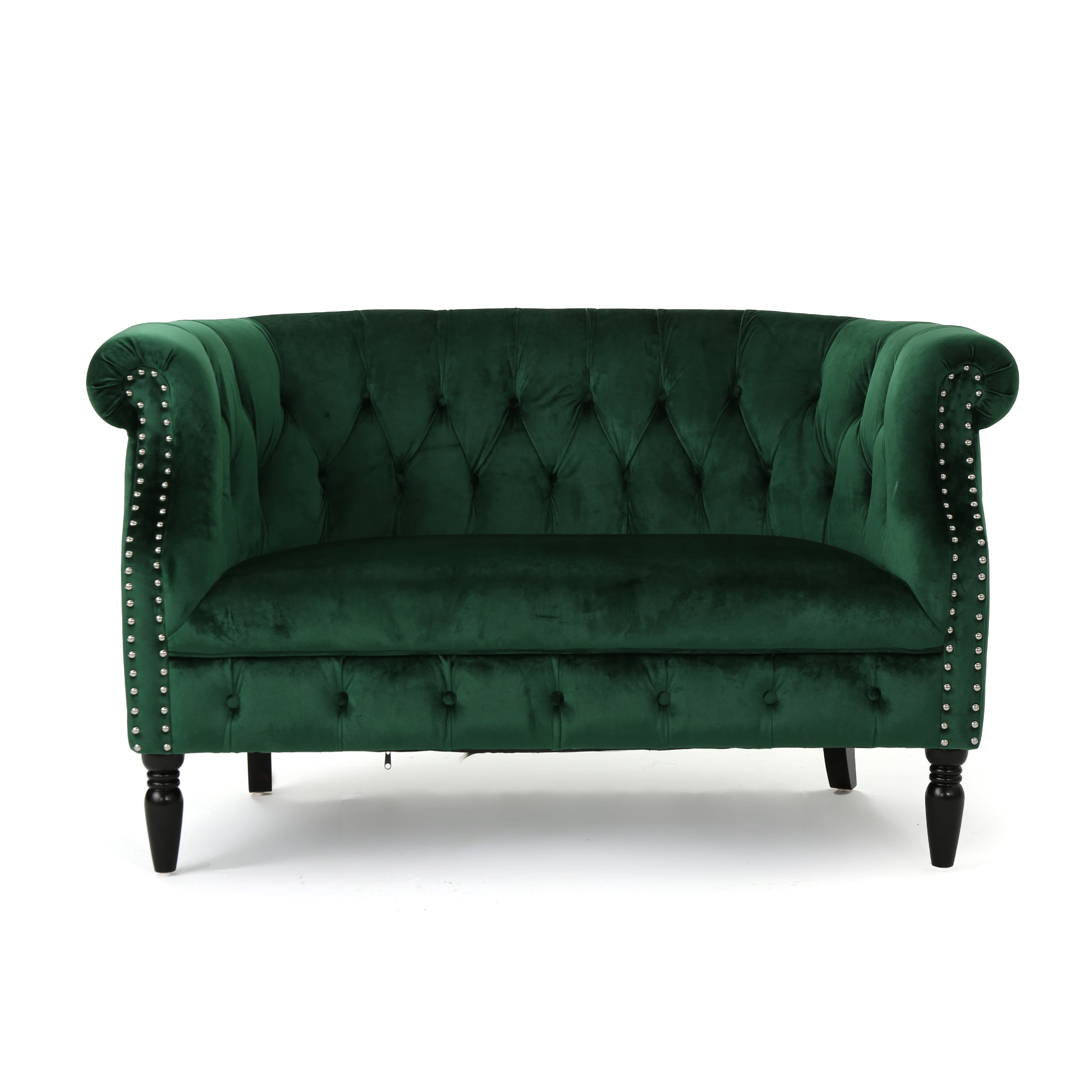Melaina Tufted Chesterfield Velvet Loveseat with Scrolled Arms, Emerald