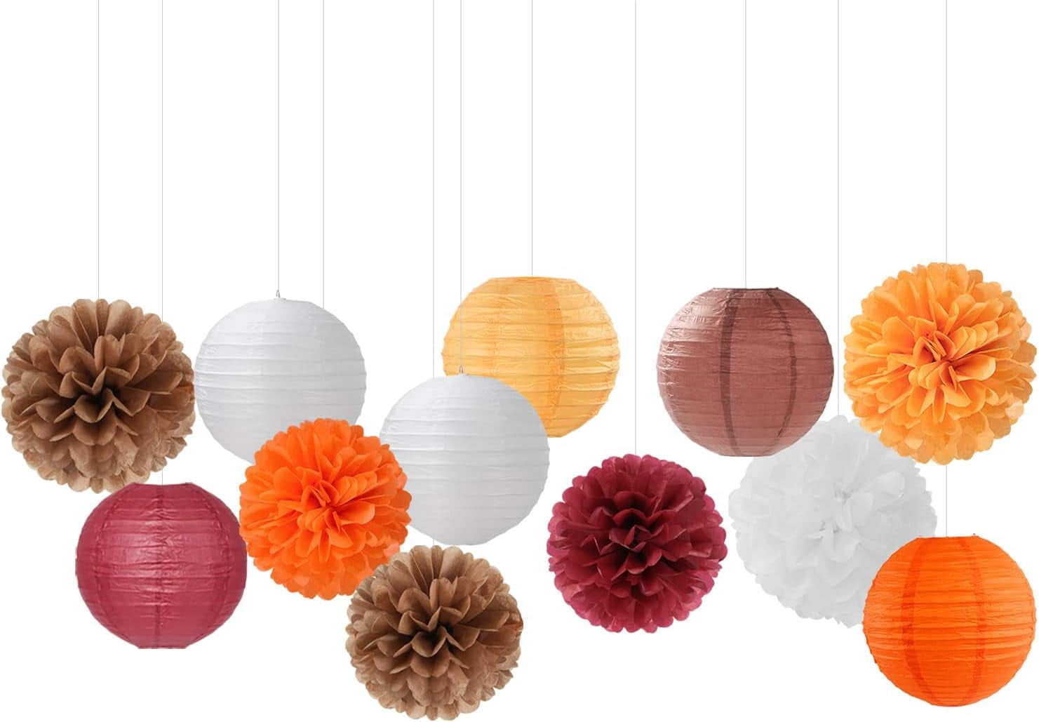 NestE-Brown Burgundy-Orange Party-Decorations Paper-Flowers Lanterns - 15PCS Fall Boho Tissue Pom Poms Streamers,Baby Bridal Shower Rustic Wedding Neutral Birthday Coffee Halloween ThanksgivingDecor