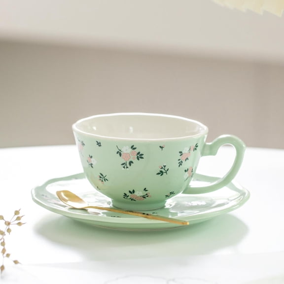 4-Color Ceramic Mug Saucer Set with Spoon, Dishwasher Safe Coffee Tea Cup