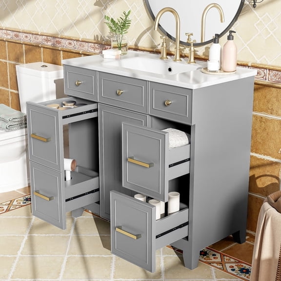 36"Bathroom Vanity with Sink, Bathroom Vanity 36 Inch with Sink,36 Vanity with Sink for Bathroom, 36 in Restroom Vanity with Top, Soft Closing Door and 3 Drawers, No Faucet, Gray