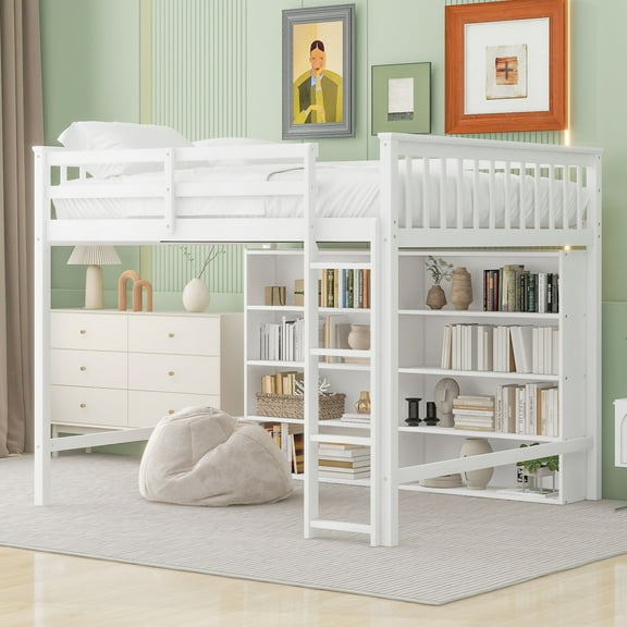 MODERNLUXE Full Size Loft Bed with Storage Shelves, Bed with Bookcase, White
