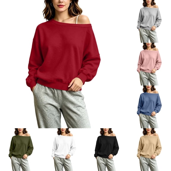 DYTTDG Women's Off Shoulder Long Sleeve Sweatshirt, Solid Loose Oversized Pullover Casual Loungewear Top for Spring Fall Winter Daily Wear