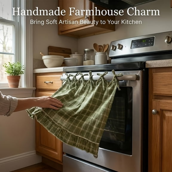 Large Handmade Farmhouse Oven Curtain with Ruffled Edge & Tie Straps, Home Decor, Rustic Kitchen Appliance Dust Cover & Apron, Fits Ovens, Dishwashers & Washing Machines, Kitchen Decor Kitchen Apron