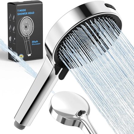 Handheld Shower Head, High Pressure 7-mode Shower Head, Hand Held Shower Head, 202 Anti-clogging Silicone Nozzles, Built-in Power Wash to Clean Tub, Clean Corner,Tile & Pets - Chrome