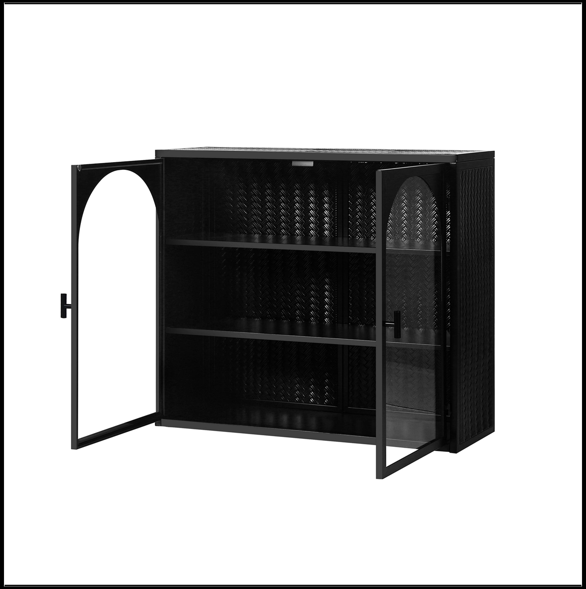 27.56"Glass Doors Modern Two-door Wall Cabinet with Featuring Three-tier Storage for Entryway Living Room Bathroom Dining Room,Wall Cabinet with Characteristic Woven Pattern,Black