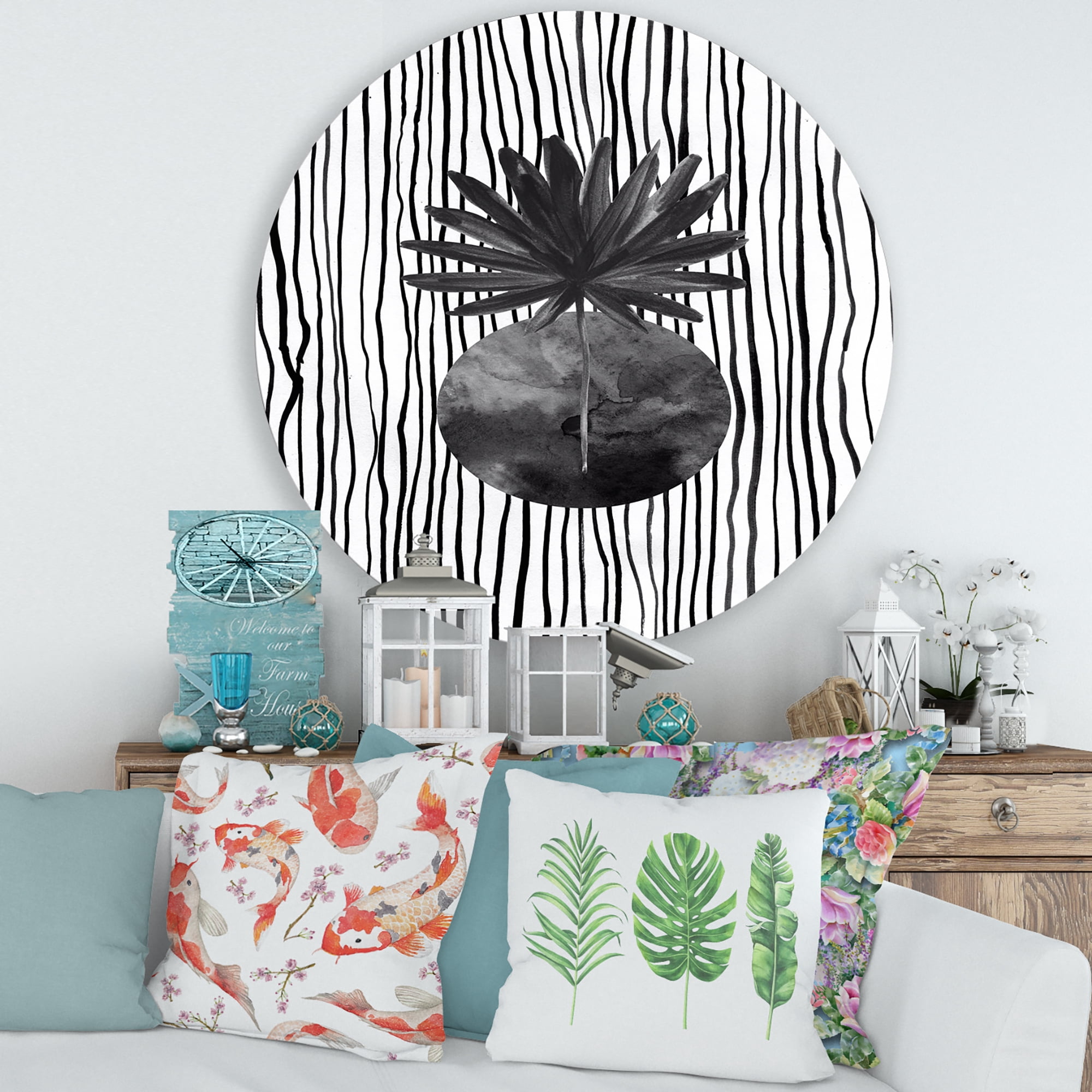 Designart 'Black and White Striped Under Tropical Leaf I' Modern Circle Metal Wall Art 36x36 - Disc of 36