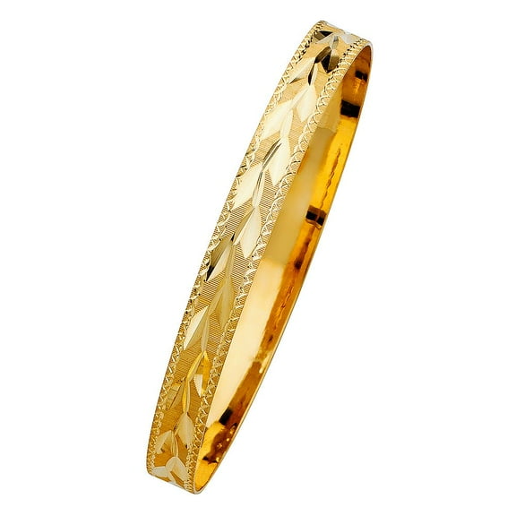 14k Yellow Gold 8mm Diamond-cut Leaf Bangle Bracelet - 7" or 8"