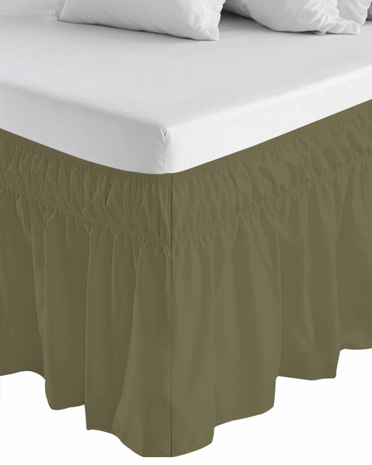 Sage Green Bed Skirt Queen Size, Brown Solid Color Simple Abstract Wrap Around Bed Skirting with Adjustable Elastic Strap, Dust Ruffle Pleated Bedskirts 18 Inch Drop for Bedroom Queen Beds