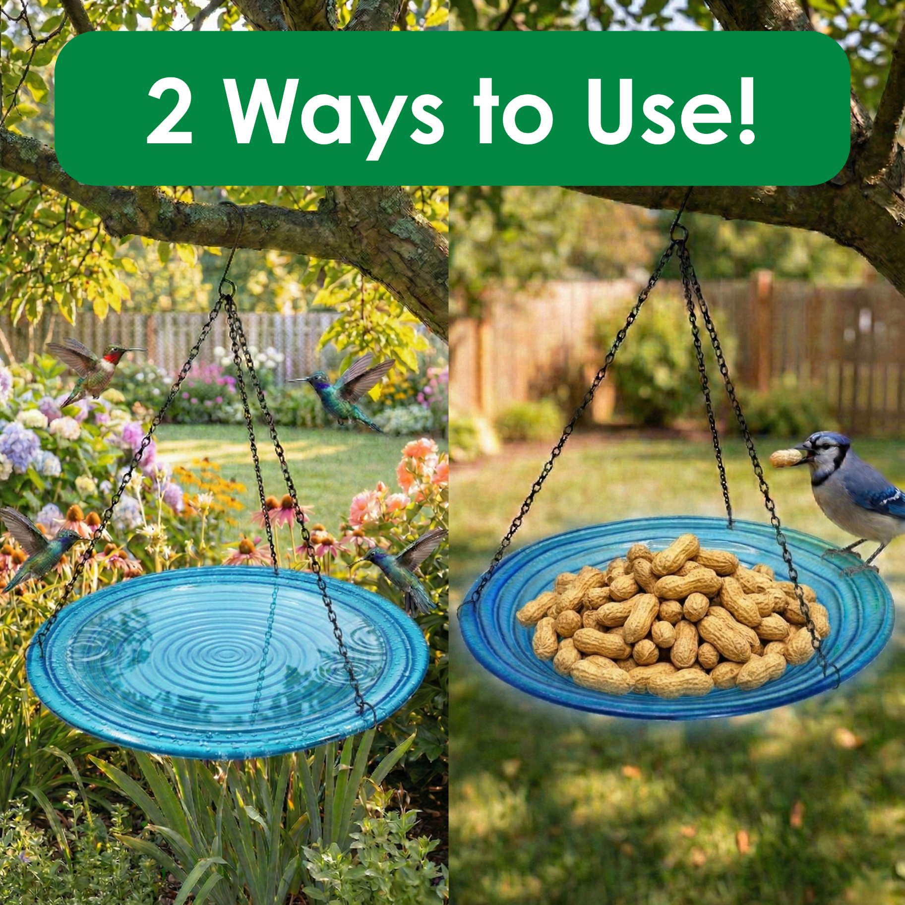 Songbird Essentials Hanging Bird Bath, Outdoor Glass Birdbath, Blue Swirls