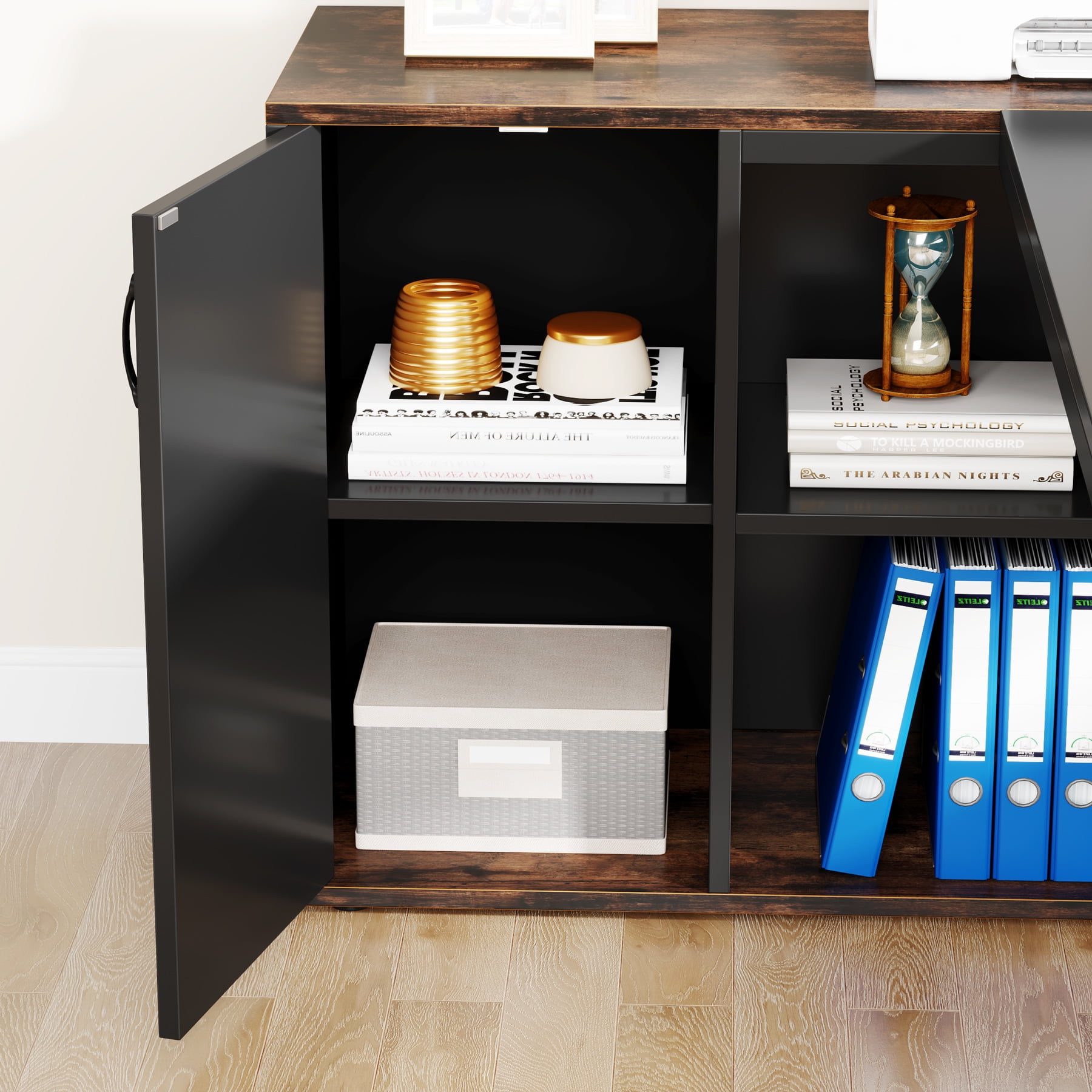 Tribesigns 71 inch L Shaped Executive Desk with Cabinet Storage, Rustic Brown Business Furniture Desk Workstation with Shelves for Home Office