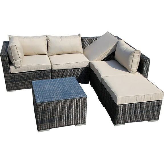 6 Pieces Patio Recliner Sofa Set, Aluminum Frame Full Assembled Outdoor Sectional Rattan Sofa Set, All Weather Mix Brown Wicker Conversation Set with Beige Cushions and Throw Pillows