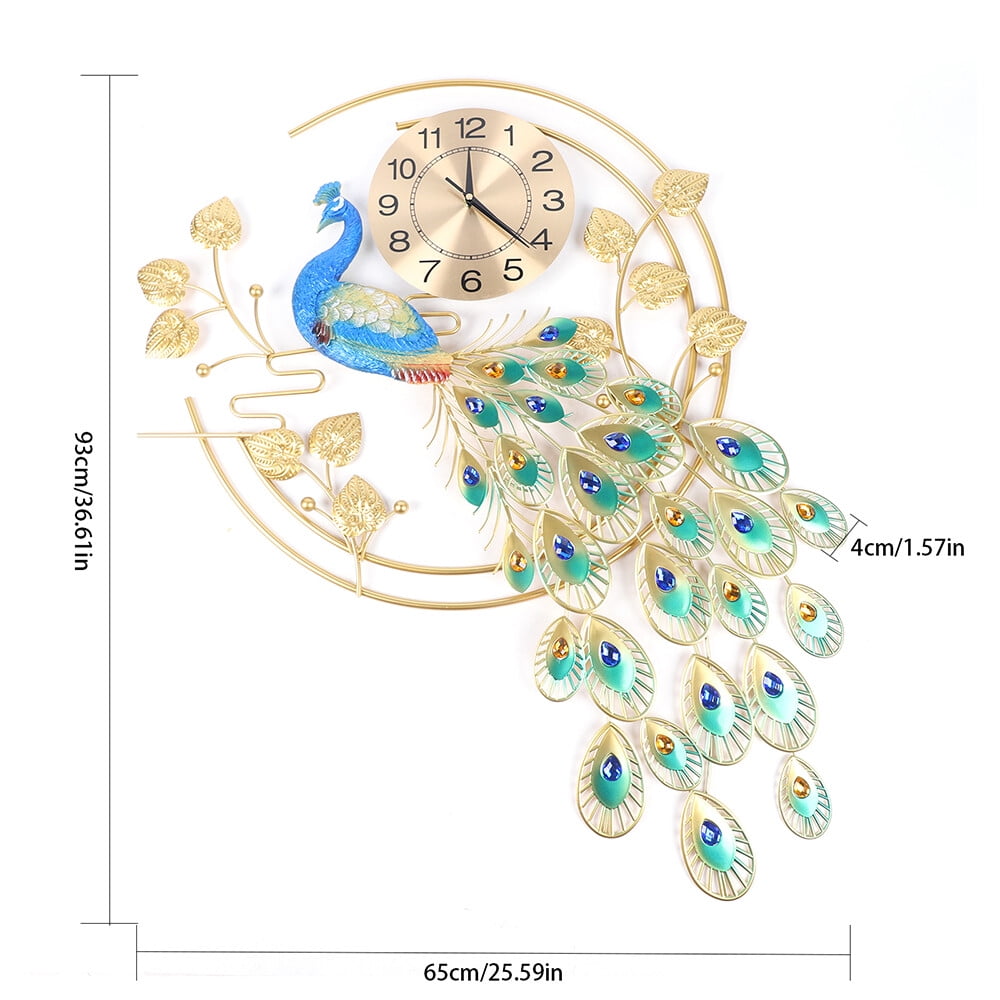 PEAKORA36.6" inch Luxury Peacock Large Wall Clock 3D Metal Living Room Wall Watch Decor