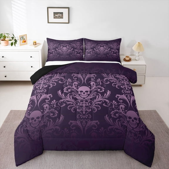 Adults Salmon Violet Damask Bedding Set Antique Victorian Baroque Comforter Set King,Gothic Vintage Floral Quilt Exotic Sugar Skull Duvet Insert,Gothic Bone Skeleton Bohemian Decor,Dark Purple