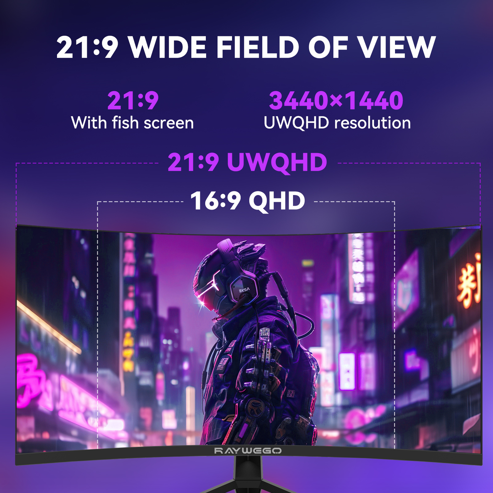 Raywego 34" Ultrawide Curved Gaming Monitor 165Hz, WQHD 3440x1440, 1500R-PIP,BPB Computer Monitor 1ms, SRGB99%, HDMI 2.0 x2, DP 1.4 x2, Black