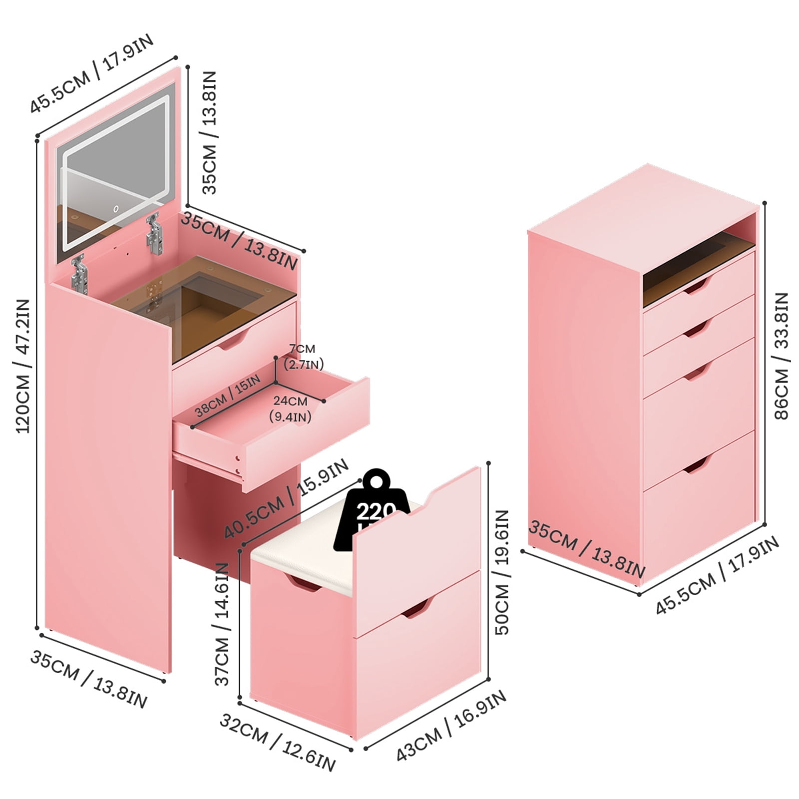 Homy Casa Vanity Table & Bench Set with Flip-Up Lighted Mirror, Drawers & Stool, Pink