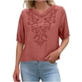 thumbnail image 6 of ClodeEU Women's Summer Short Sleeve Round Neck Cotton Linen Shirts,Retro Embroidered Boho Blouse Tops Red,Womens Plus S, 6 of 7