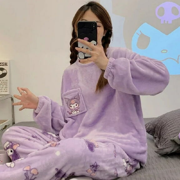 Kawaii Sanrio Pajamas Cinnamoroll Pajama Pants Kuromi Homewear Winter Warm Clothing Set Coral Fleece Sleepwear Women Xmas Gifts