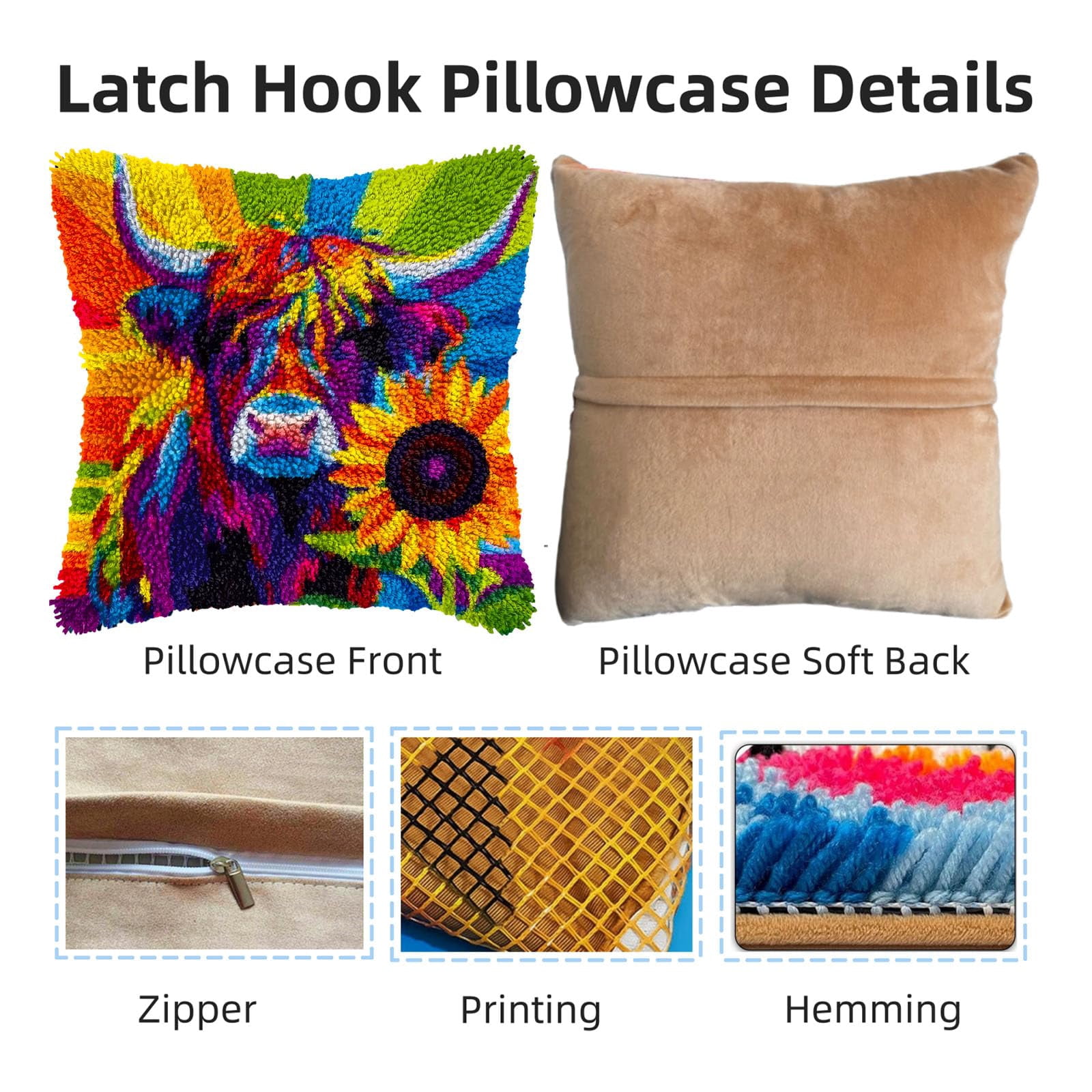 Rainbow Highland Cow and Sunflower DIY Latch Hook Pillow Kits for Adults Printed Pillowcase Crochet Yarns Hooking Handmade Pillow Cover Cushion for Home Sofa Decoration 17x17inch