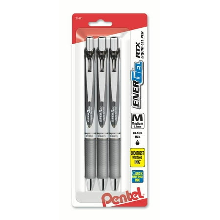 Pentel EnerGel RTX Gel Pen, 0.7mm Medium Metal Tip, Black Ink 3-Pk