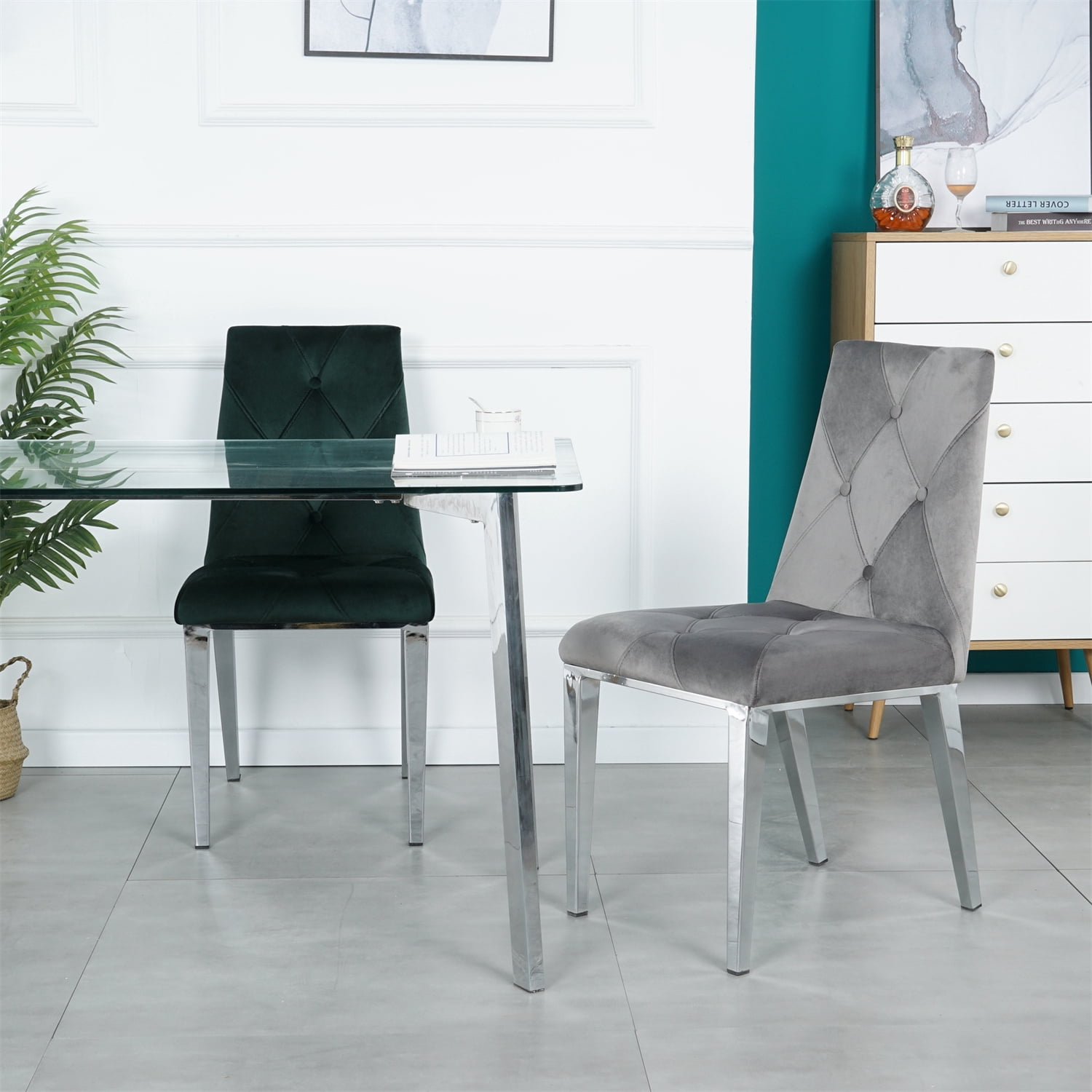 Set of 2 Dining Chairs, Modern Velvet Tufted Upholstered Accent Chairs