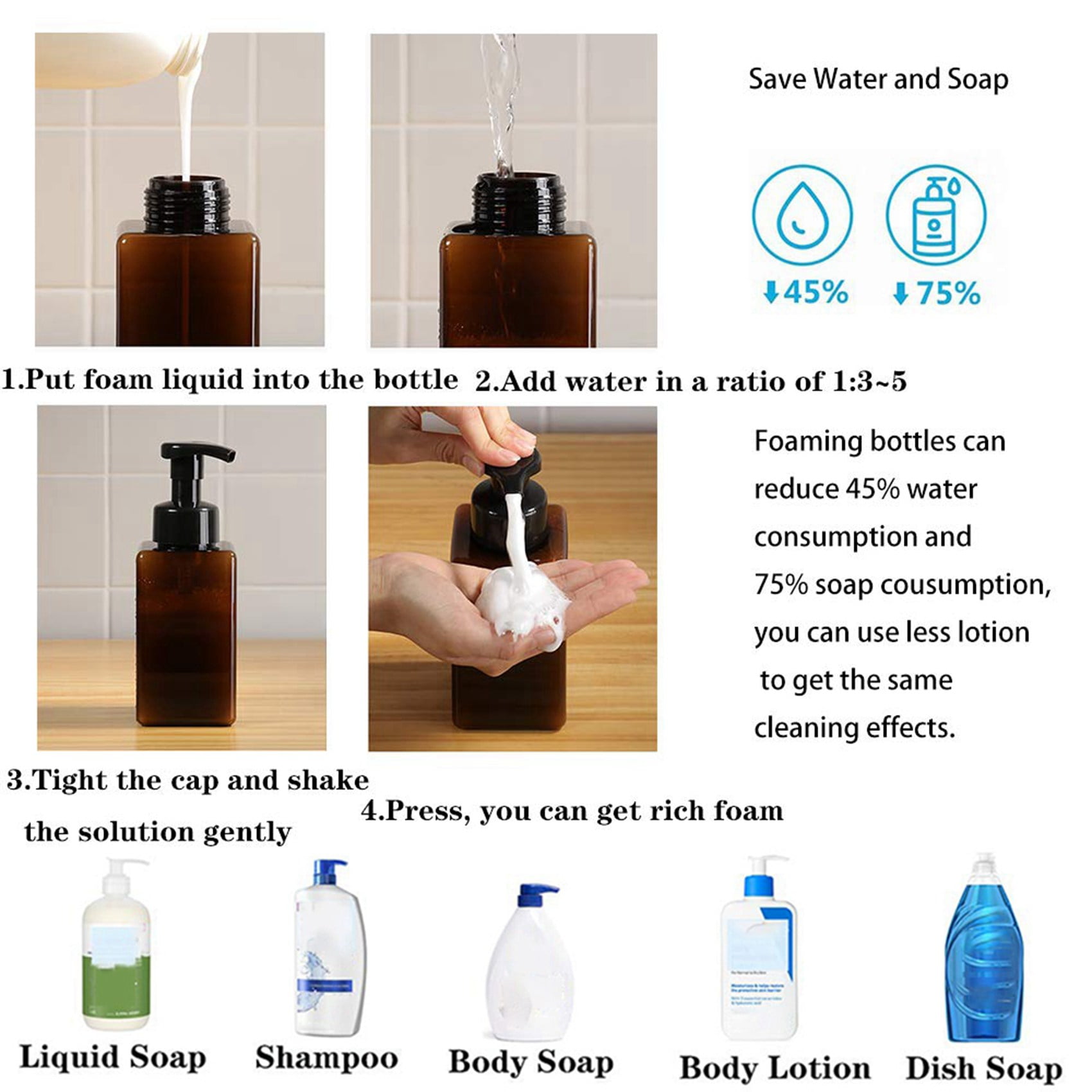 8 Pack Foaming Soap Dispenser 15Oz Refillable Foam Liquid Empty Plastic Pump Bottle Container - Brown 450Ml