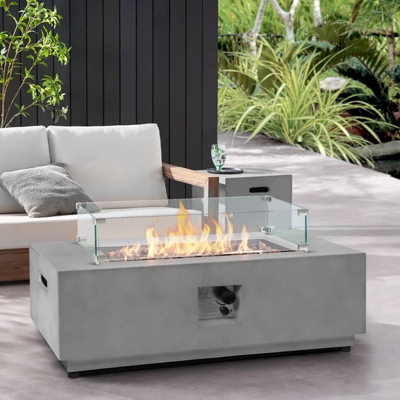 ReeQuo 42" Rectangular Propane Fire Pit with Propane Tank Cover Wind Guard - 3 Piece Concrete Fire Table CSA Certified, 50,000 BTU Outdoor Firepits with Steel Lid, Rain Cover, Lava Rocks