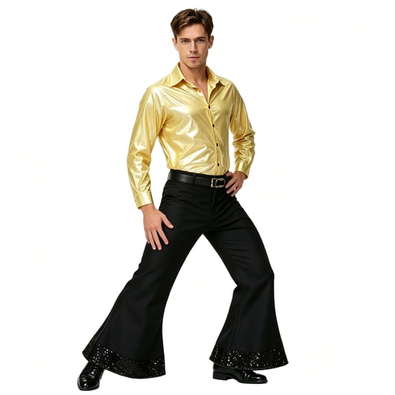 Men Shiny Metallic Shirt and Flared Pants Set, 70s Disco Outfit, Long Sleeve Button‑Down Shirt and Bell Bottom Trousers for Halloween Cosplay Theme Party