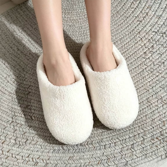 JUSLIO Womens House Slippers Closed Toe Slide Slip On Fuzzy Plush Flat Sole Non Slip Indoor House Slippers Beige