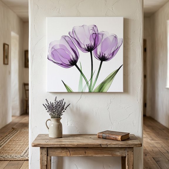 Ships Next Day Canvas Wall Art 12"x12",Purple Tulip Wood Framed Canvas Print Painting,Modern Blossom Pastel White Floral Petal Ready to Hang Small Picture Wall Decor for Kitchen Dining Room Office