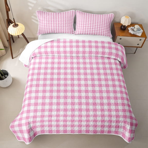 Erosebridal Pink Plaid Print Twin Quilt Set,White Grid Pastel Neutral Pattern Twin Coverlet Set For Girls,2 Pieces