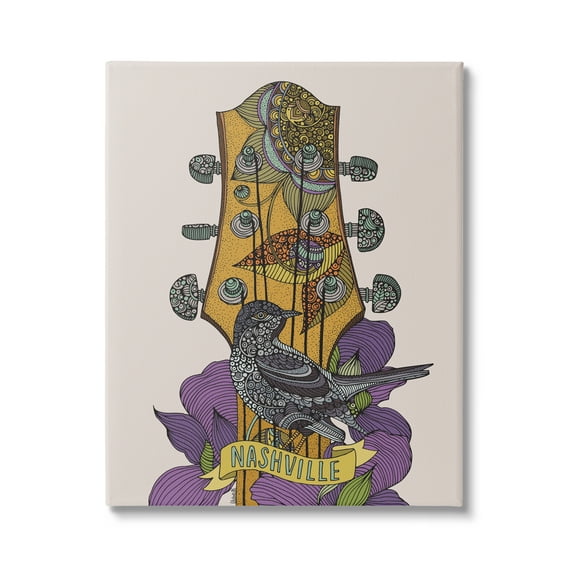 Stupell Industries Intricate Nashville Guitar Floral Patterned Bird Perched Graphic Art Gallery Wrapped Canvas Print Wall Art, Design by Valentina Harper