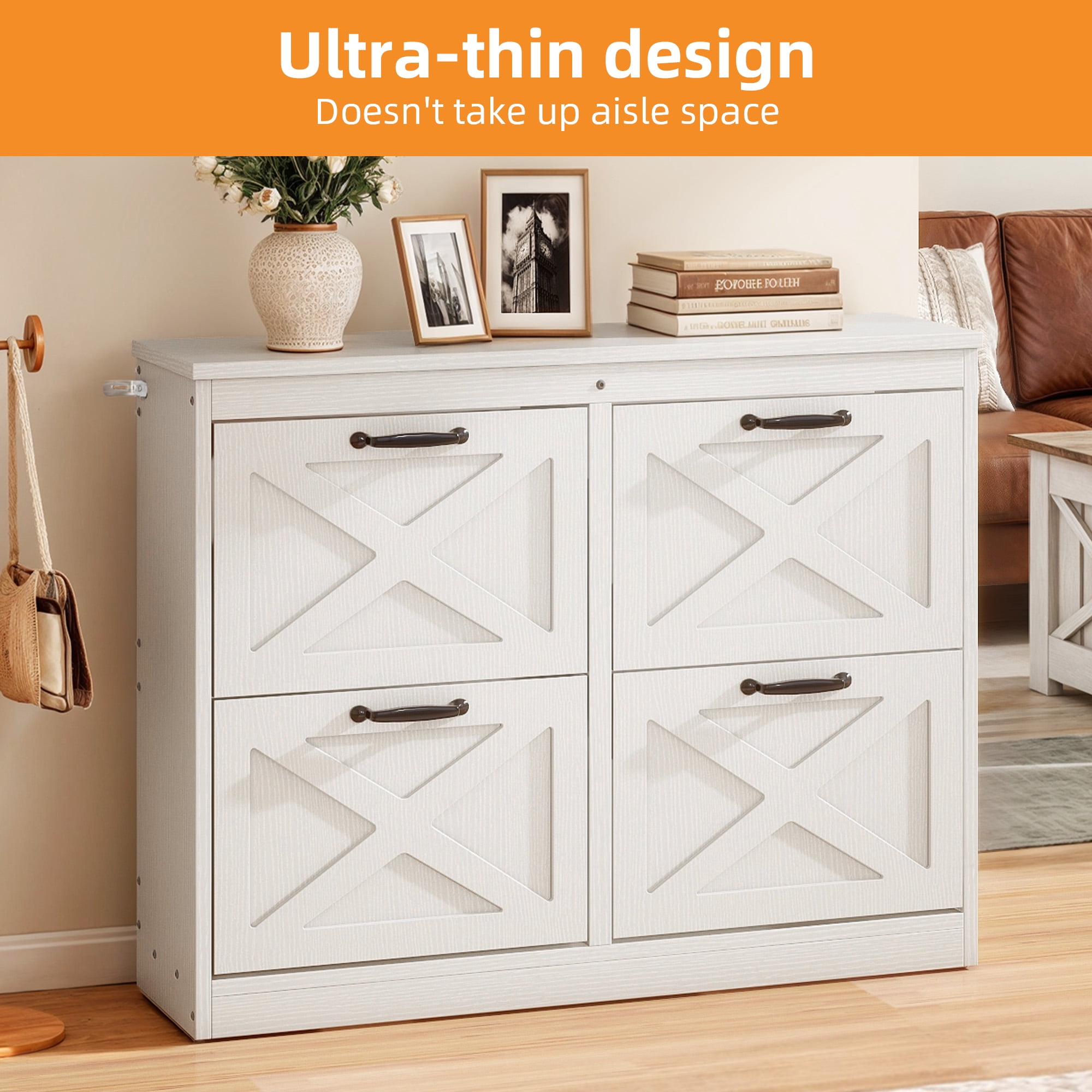 Uforic Shoe Cabinet with 4 Flip Drawers, Farmhouse Narrow Shoe Rack Organizer with Metal Legs, White