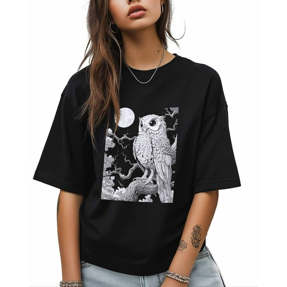 T Shirts for Women Short Sleeve Cotton Crewneck T-Shirt, Black White Owl Moon Animal Tee Tops Casual Basic T-Shirts, XS-5XL Black S