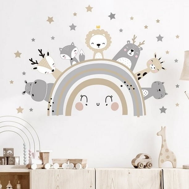 Pegatinas de pared con diseño de estrellas, arcoíris, cara sonriente, animales pequeños, estilo autoadhesivo, dibujos animados, decoración de pared para habitación de niños