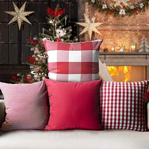 SUFAM Set of 4 Pillow Cases Christmas Red White Holiday Classic Grid