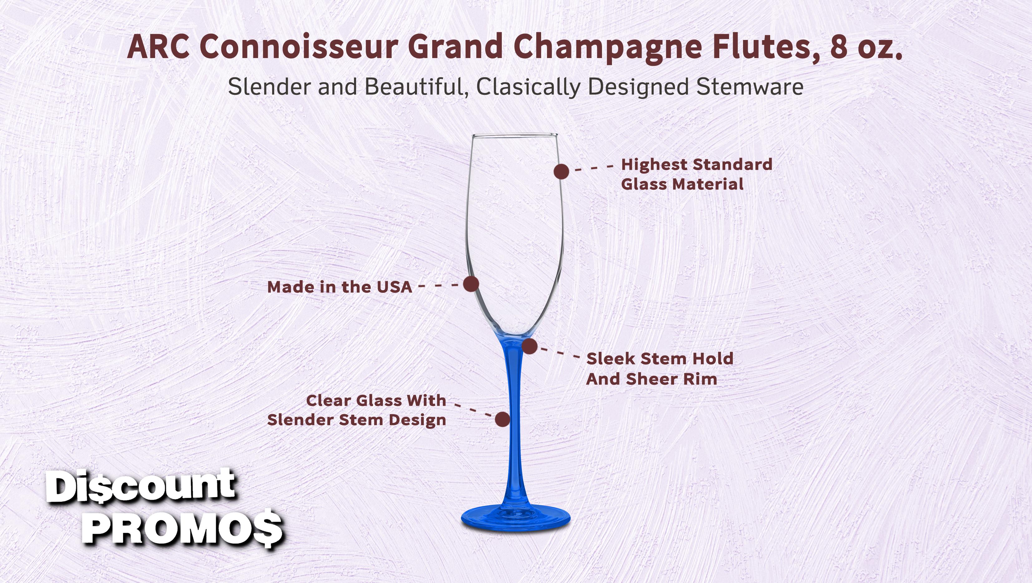 10 ARC Connoisseur Grand Champagne Flutes Set, 8 oz. - Durable, Sleek, Color Bottom, Barware - Blue
