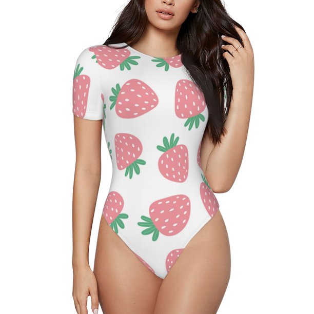 Balery Strawberry Body de cuello redondo de manga corta para mujer Tops de manga corta Tops básicos-Large