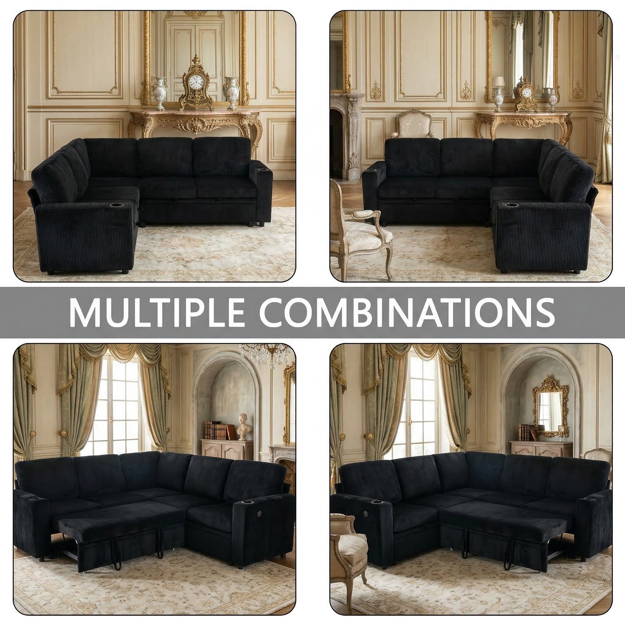 84" Modern Reversible Sectional Sleeper Sofa with Pull-Out Bed, Storage Chaise, USB Ports & Cup Holders