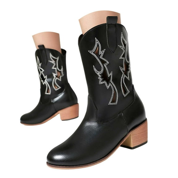 Mostsola Cowboy Boots for Women Trendy Embroidery Western Boots Hollow out Chunky Heel Mid Calf Boot