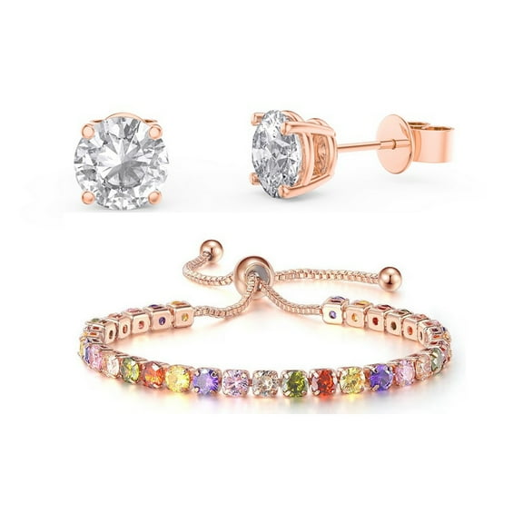 Paris Jewelry 18k Rose Gold 6 Ct Created Multi Color Round Adjustable Tennis Bracelet and Earrings Set Plated